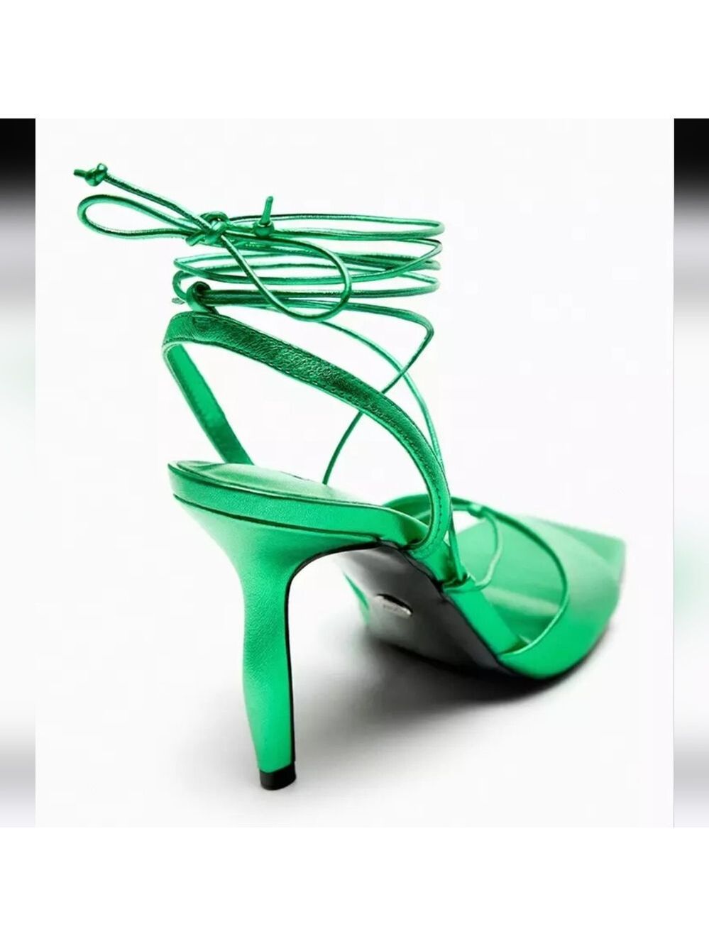 NWOT Zara Metallic Green Lace-up Leather Sandals, Size 7.5 - Picture 4 of 17
